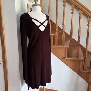 Free People Knit V-Neck Sweater Tunic in Deep Brown